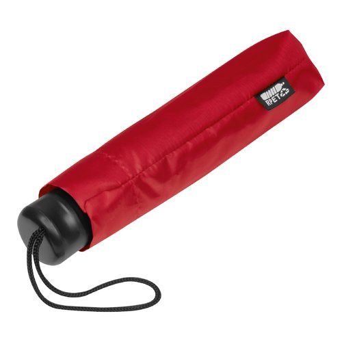 Red RPET pocket umbrella with carrying loop.