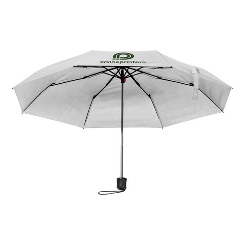 White RPET folding umbrella with carrying strap.