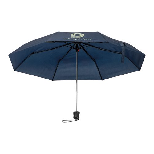 Dark blue RPET pocket umbrella with cover and carrying strap.
