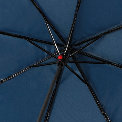 Dark blue RPET pocket umbrella with cover and carrying loop.