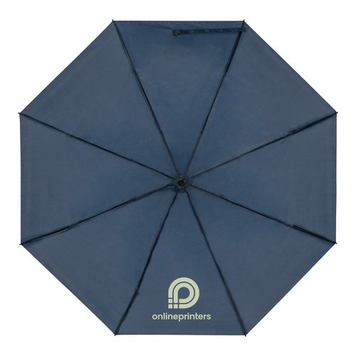 Dark blue RPET pocket umbrella with cover and handle.