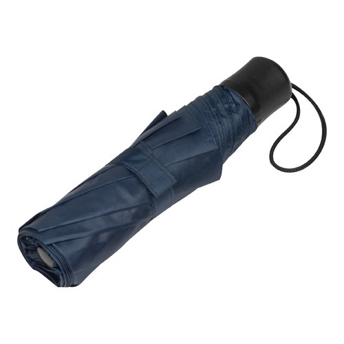 Dark blue RPET pocket umbrella with hand strap.