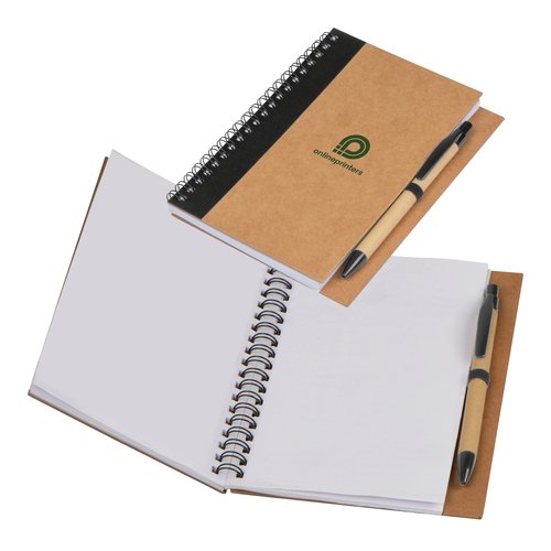 Black spiral notebook with paper pages.