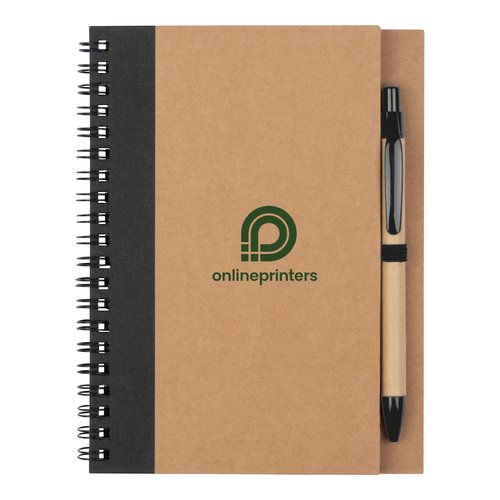 Notepad with spiral binding and pen holder.