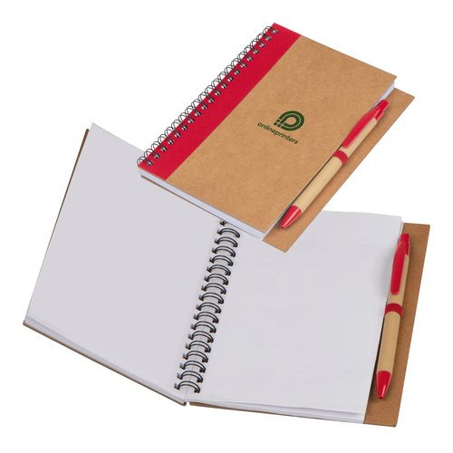 Red notepad with spiral binding and paper pages.