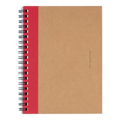 Red spiral notebook with paper pages.