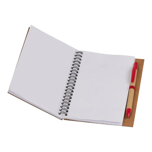 Red spiral notebook with pen holder.