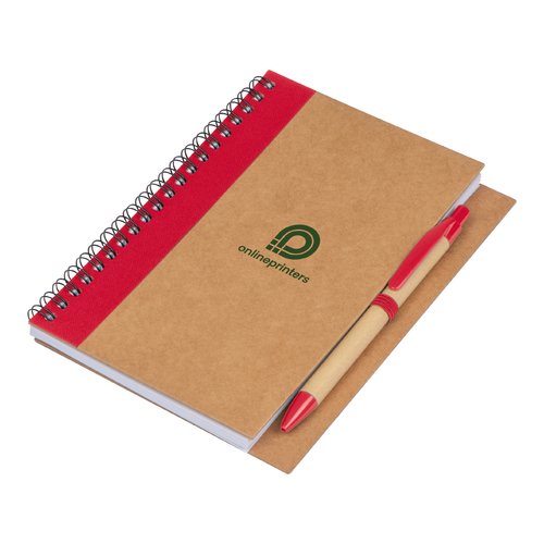 Red notepad with spiral binding.