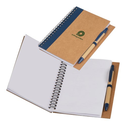 Dark blue notepad with spiral binding.