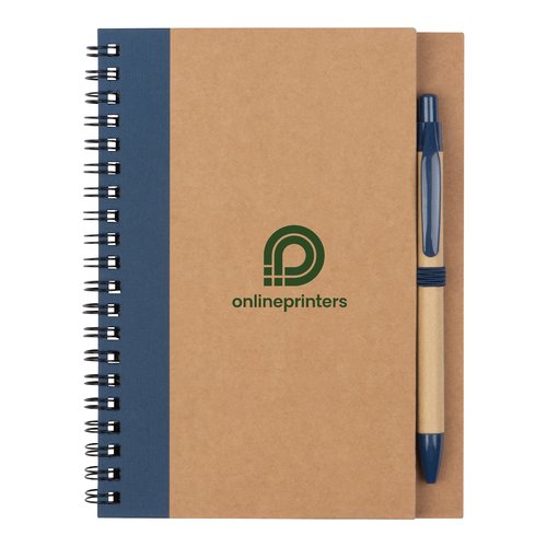 Dark blue notebook with spiral binding and pen holder.