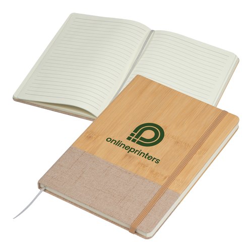 Beige bamboo notebook with bookmark and elastic band.