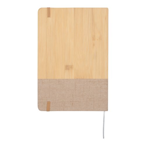 Beige bamboo and fabric notebook with elastic band.