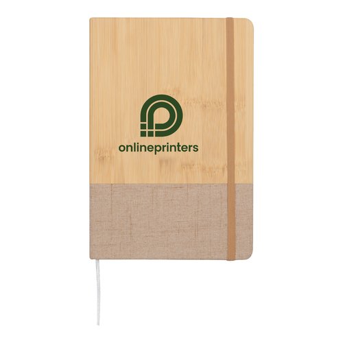 Light wood notebook with elastic band closure.