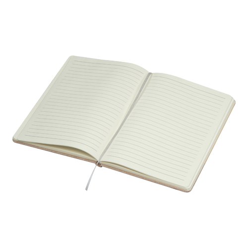Beige notebook with lined pages and ribbon bookmark.