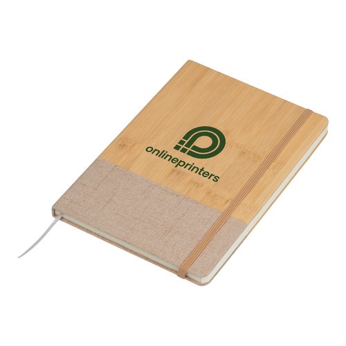 Beige notebook with bamboo cover and elastic closure.