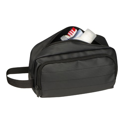 Black fabric toiletry bag with zipper and carrying handle.
