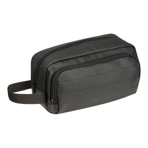 Black textile toiletry bag with zipper and carrying handle.