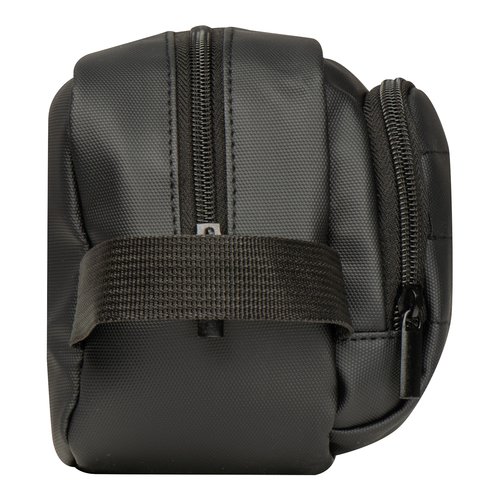 Black fabric toiletry bag with zipper.