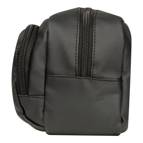 Black fabric toiletry bag with zipper.