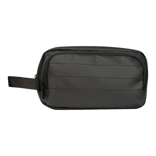 Black toiletry bag with zipper and carrying handle.