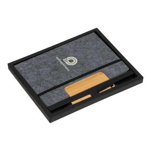 Silver-gray felt notebook set with pens and wood details.