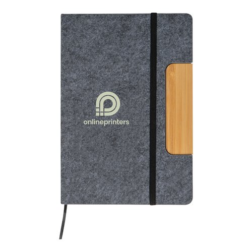 Gray felt notebook with elastic band and bamboo detail.