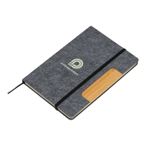 Silver-gray felt-covered notebook with elastic band and bamboo accent.