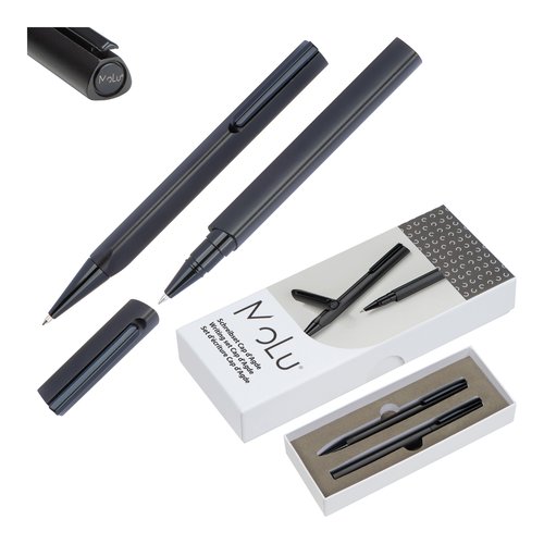 Black writing set with ballpoint pen and rollerball pen in gift box.