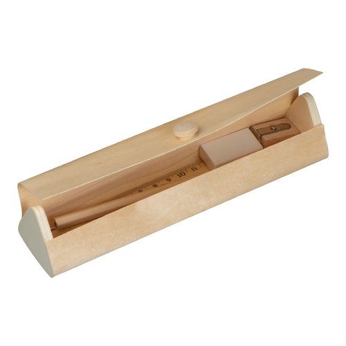 Beige wooden writing set with pencil, ruler, sharpener and eraser.