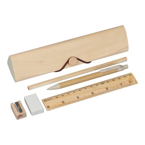 Beige wooden writing set with pen, pencil, ruler, sharpener, and eraser.