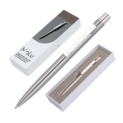 Silver-gray stainless steel ballpoint pen with clip.