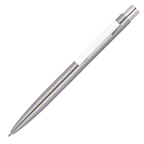 Silver-gray stainless steel ballpoint pen with clip and push mechanism.