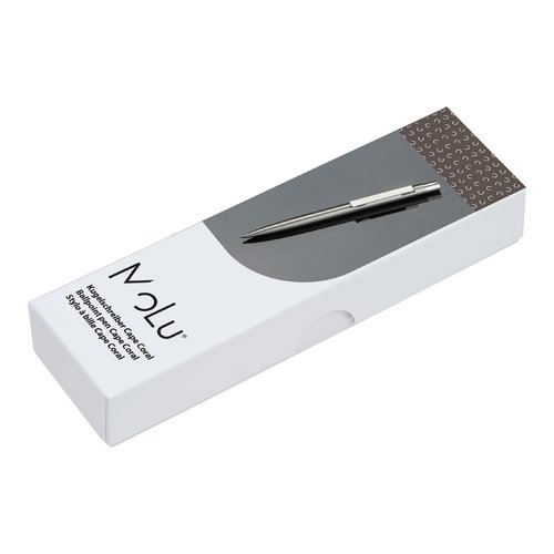 Silver-gray stainless steel ballpoint pen with clip and push mechanism.