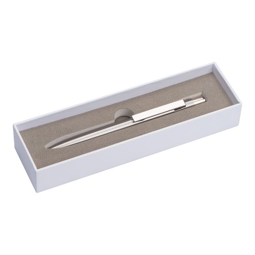 Silver-gray stainless steel ballpoint pen with clip.