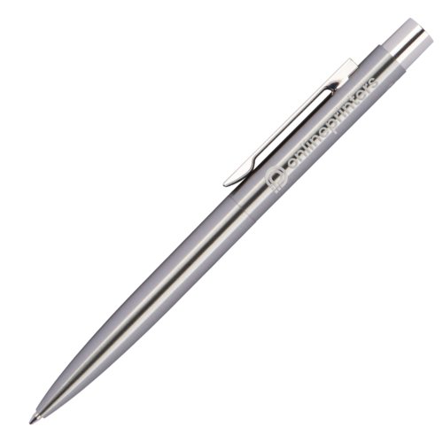 Silver stainless steel ballpoint pen with clip and push mechanism.