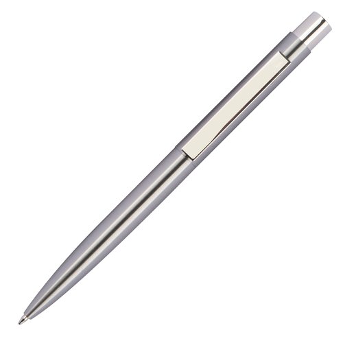 Silver-gray stainless steel ballpoint pen with clip and push mechanism.