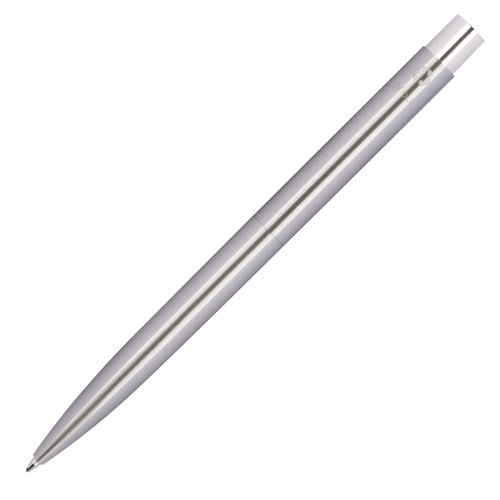 Silver-gray stainless steel ballpoint pen with push mechanism.