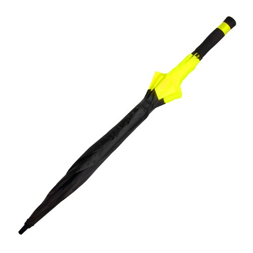 Black fabric umbrella with large diameter and manual opening mechanism.
