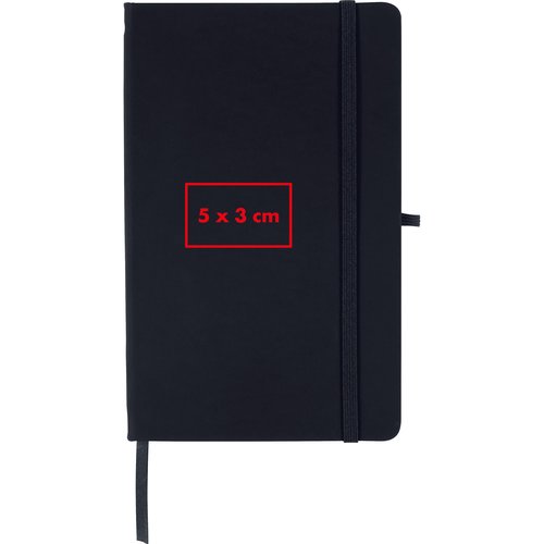 Black notebook with elastic band and ribbon bookmark.