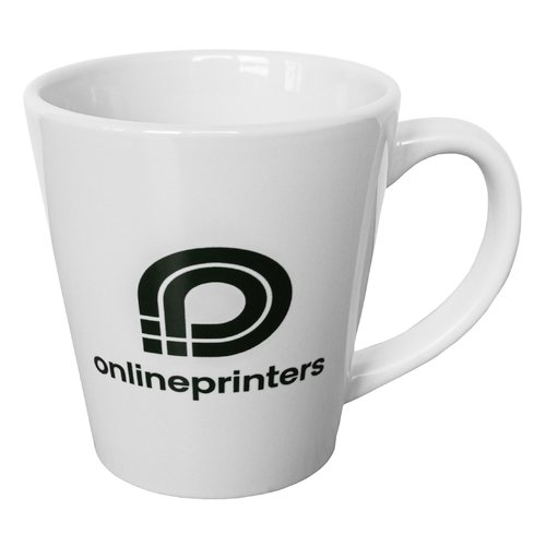 White ceramic mug with handle.