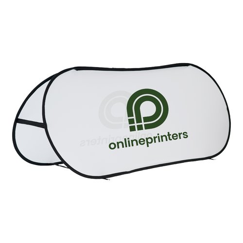 Fabric pop-out beach banner with flexible frame.