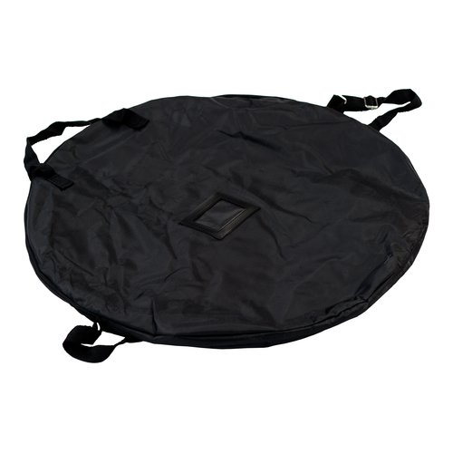 Black fabric beach banner with flexible frame and carrying handles.