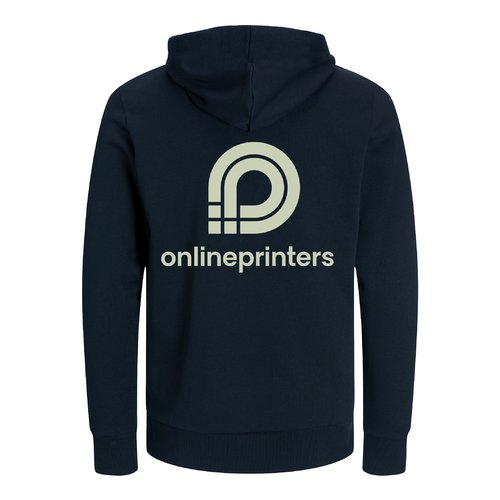 Navy blue cotton hoodie, unisex cut, with hood and drawstring.