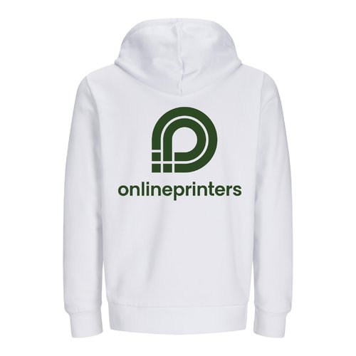 White sweatshirt jacket made of organic cotton and recycled polyester with hood.