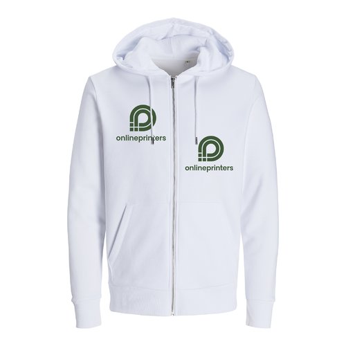 White cotton and recycled polyester sweatshirt jacket with hood and zipper.