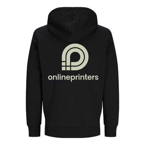 Black organic cotton and recycled polyester hooded sweatshirt jacket.