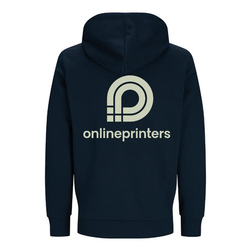 Navy blue unisex sweatshirt jacket in organic cotton and recycled polyester with hood.