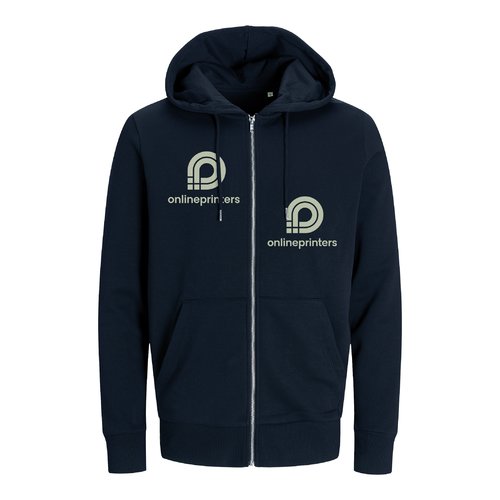 Navy blue cotton blend hooded sweatshirt with full zipper.