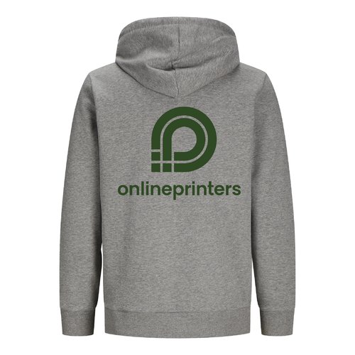 Gray heather sweatshirt jacket made from cotton and recycled polyester with hood.