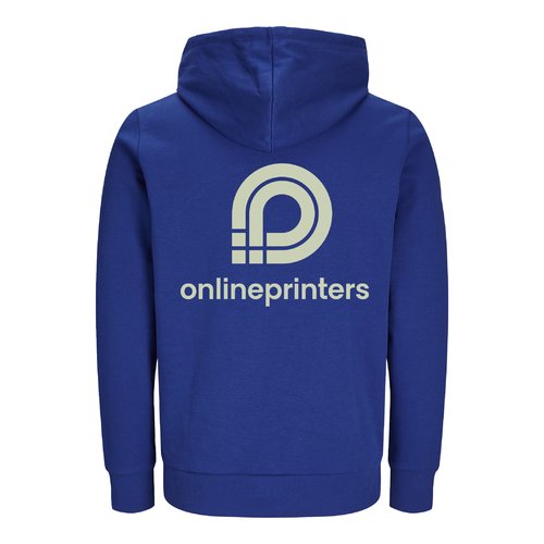 Dark blue sweatshirt jacket made of organic cotton and recycled polyester with hood.
